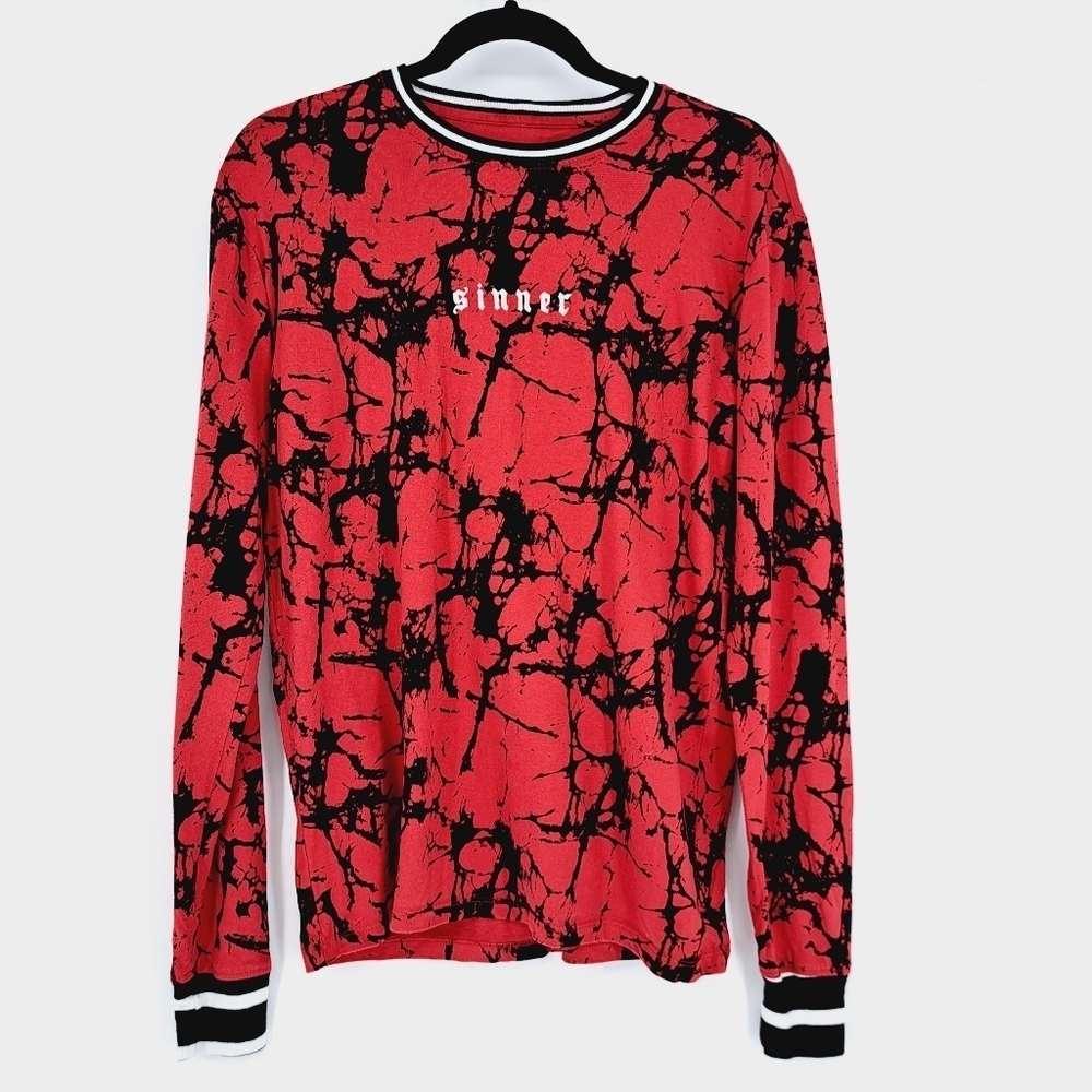 Upstanders Red Black Marbled Print Embroidered Sinner‎ Shirt Size Small